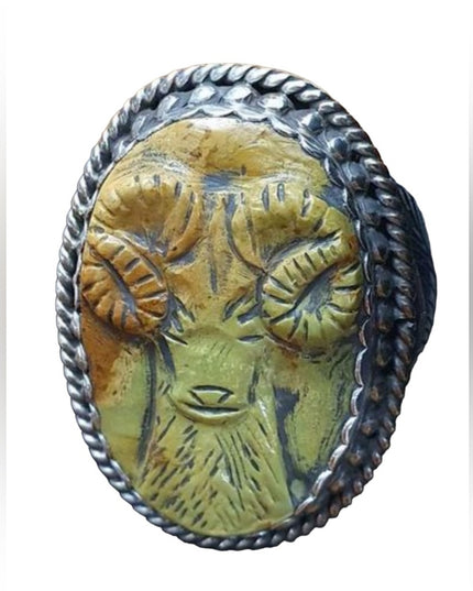 Francisco Gomez Handmade Sterling Silver Carved Turquoise RAM ring Nativ…