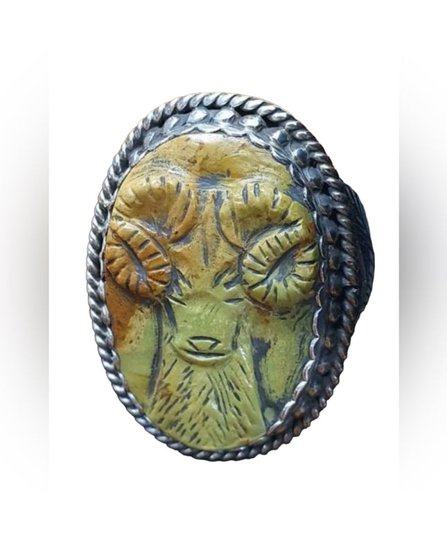 Francisco Gomez Handmade Sterling Silver Carved Turquoise RAM ring Nativ…