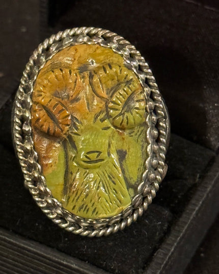 Francisco Gomez Handmade Sterling Silver Carved Turquoise RAM ring Nativ…