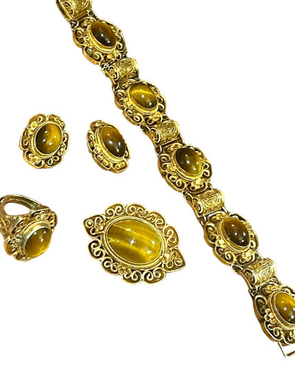 Demi Parure Chinese Export gold wash Sterling silver Tiger eye filagree set
