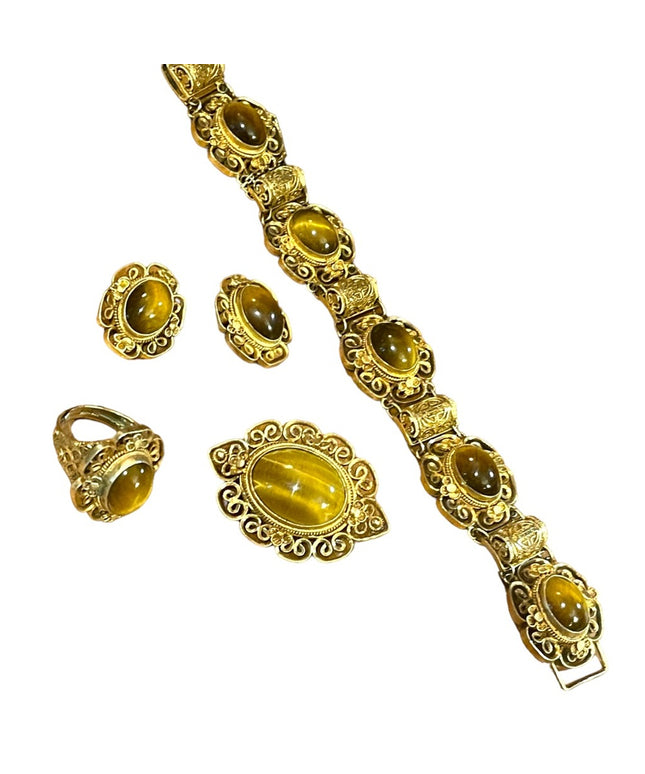 Demi Parure Chinese Export gold wash Sterling silver Tiger eye filagree set