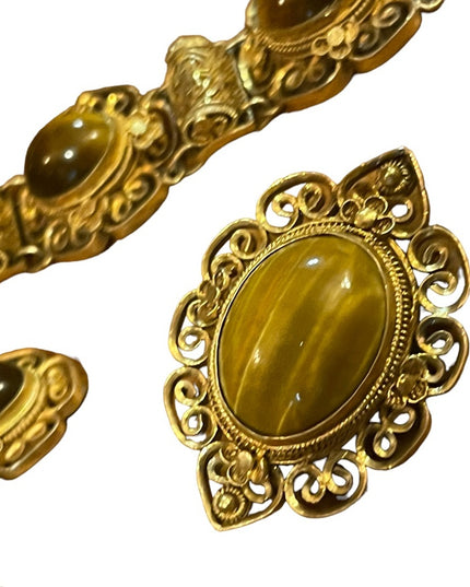 Demi Parure Chinese Export gold wash Sterling silver Tiger eye filagree set