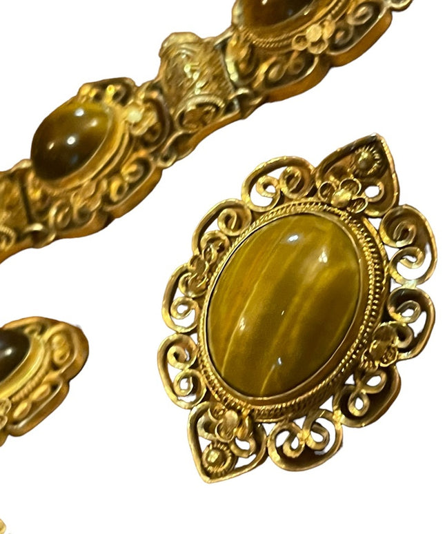 Demi Parure Chinese Export gold wash Sterling silver Tiger eye filagree set