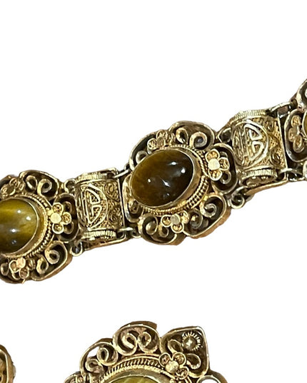 Demi Parure Chinese Export gold wash Sterling silver Tiger eye filagree set