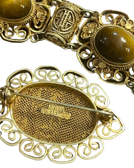 Demi Parure Chinese Export gold wash Sterling silver Tiger eye filagree set