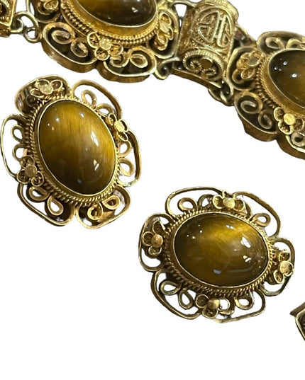 Demi Parure Chinese Export gold wash Sterling silver Tiger eye filagree set
