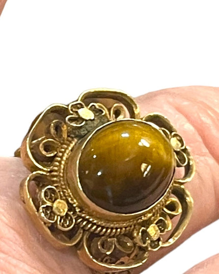 Demi Parure Chinese Export gold wash Sterling silver Tiger eye filagree set