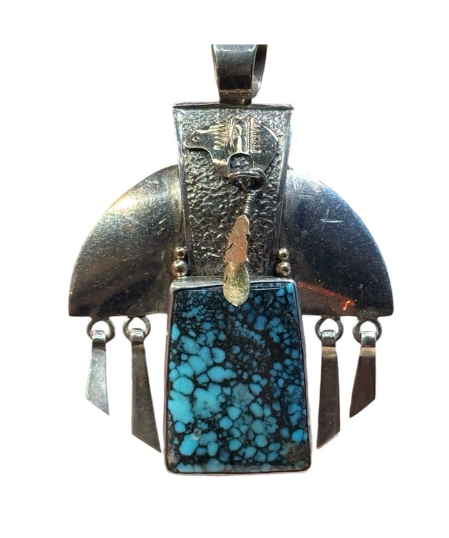 Vintage Fritson Toledo sterling  925 14k Navajo bear feather  turquoise pendant