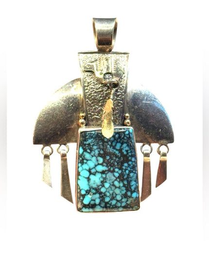 Vintage Fritson Toledo sterling  925 14k Navajo bear feather  turquoise pendant