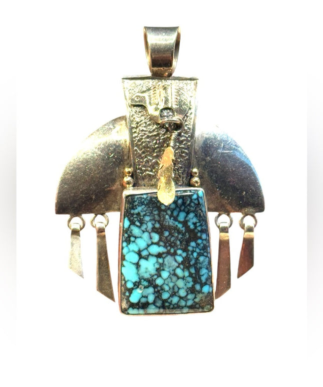 Vintage Fritson Toledo sterling  925 14k Navajo bear feather  turquoise pendant