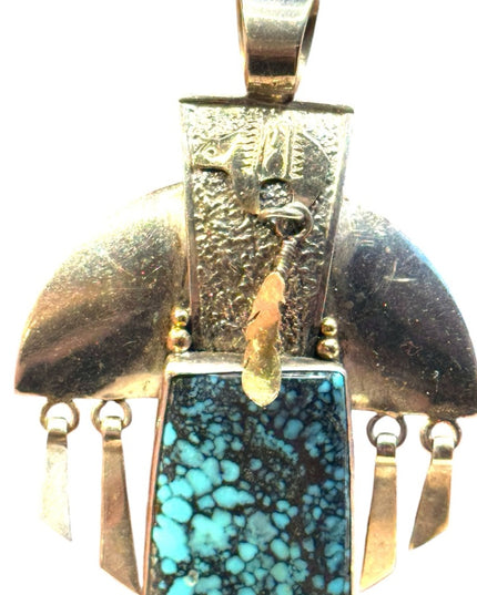 Vintage Fritson Toledo sterling  925 14k Navajo bear feather  turquoise pendant