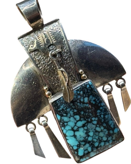 Vintage Fritson Toledo sterling  925 14k Navajo bear feather  turquoise pendant