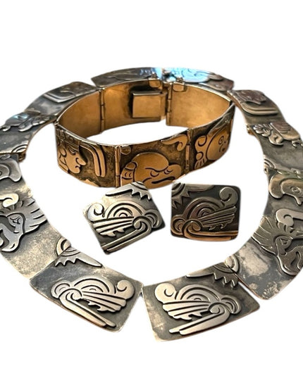 Vintage 1950s Gerardo Lopez Taxco Mexico Sterling silver 925 Rare Parure 4 pcs