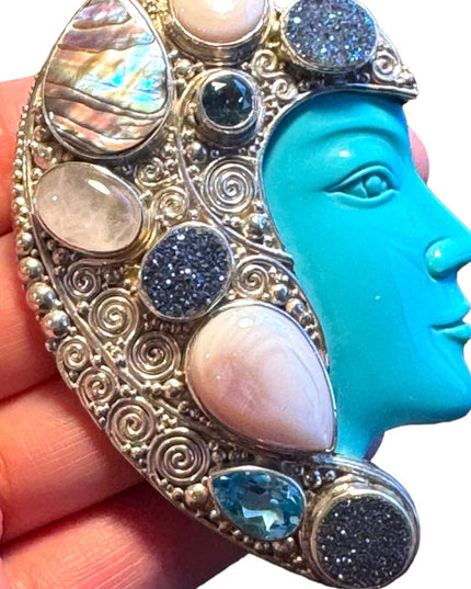 Spectacular statement piece RARE sterling silver Sajen pendant brooch gemstone
