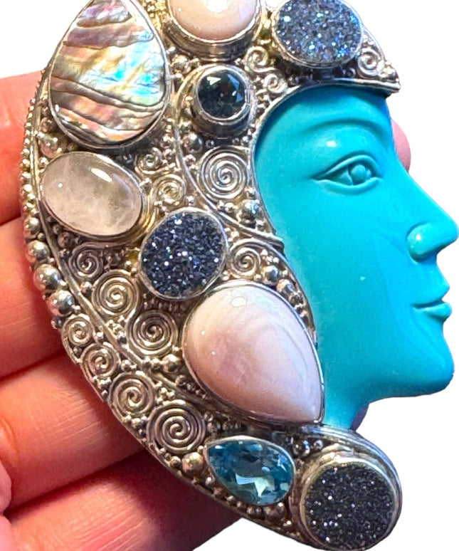 Spectacular statement piece RARE sterling silver Sajen pendant brooch gemstone