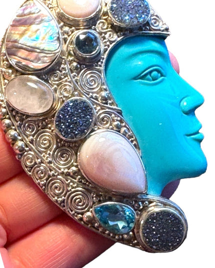 Spectacular statement piece RARE sterling silver Sajen pendant brooch gemstone