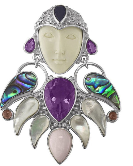 RARE Sajen sterling silver Goddess Brooch pendant MOP amethyst boneface goddess