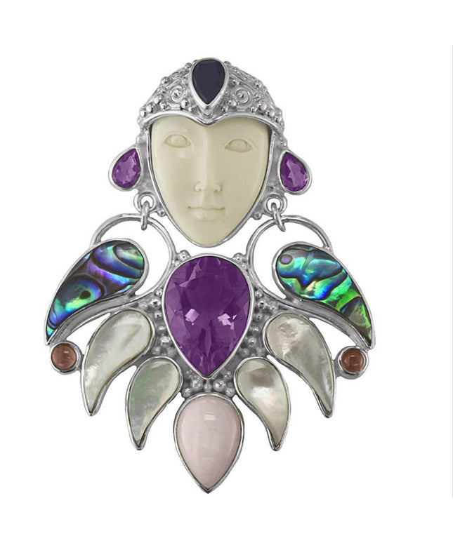 RARE Sajen sterling silver Goddess Brooch pendant MOP amethyst boneface goddess