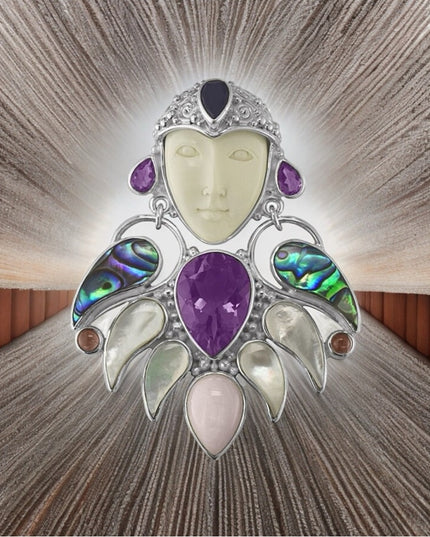 RARE Sajen sterling silver Goddess Brooch pendant MOP amethyst boneface goddess