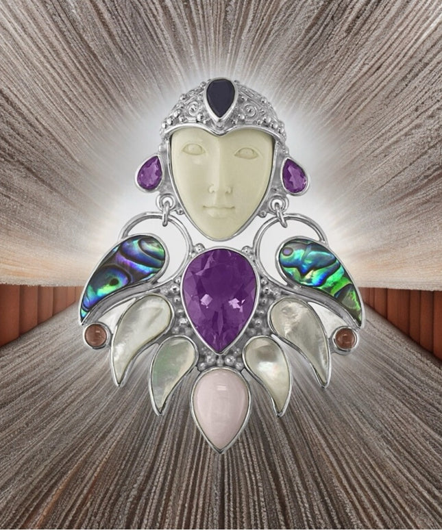 RARE Sajen sterling silver Goddess Brooch pendant MOP amethyst boneface goddess