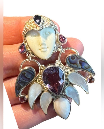 RARE Sajen sterling silver Goddess Brooch pendant MOP amethyst boneface goddess