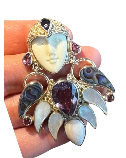 RARE Sajen sterling silver Goddess Brooch pendant MOP amethyst boneface goddess