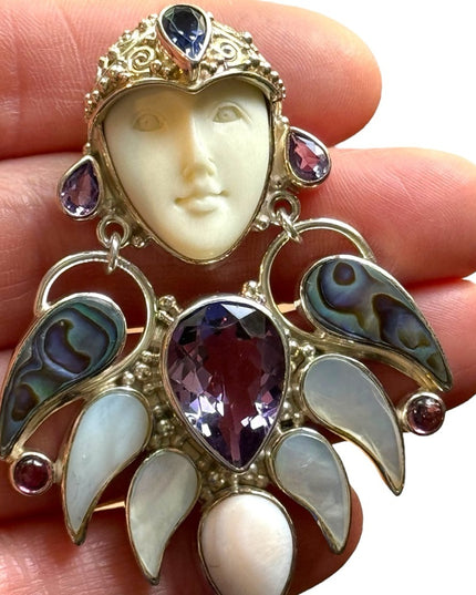 RARE Sajen sterling silver Goddess Brooch pendant MOP amethyst boneface goddess