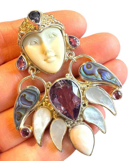 RARE Sajen sterling silver Goddess Brooch pendant MOP amethyst boneface goddess