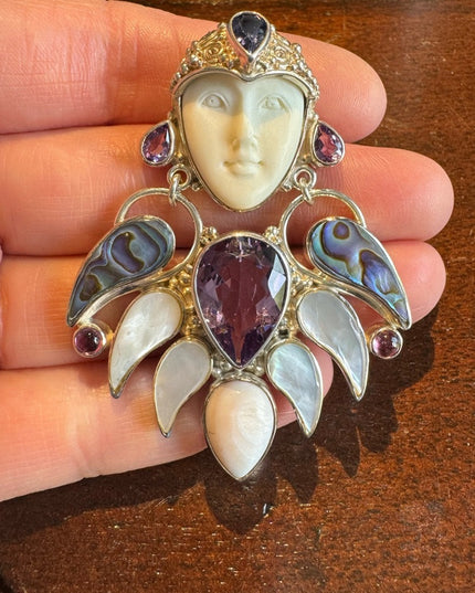 RARE Sajen sterling silver Goddess Brooch pendant MOP amethyst boneface goddess