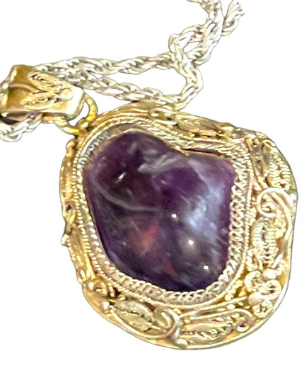 Antique Chinese Export gold wash sterling silver filagree amethyst pendant RARE