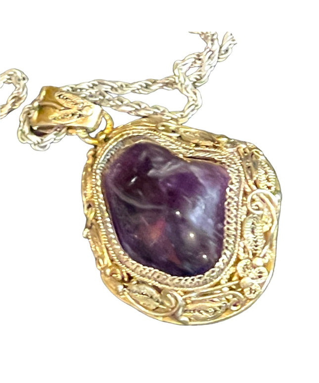 Antique Chinese Export gold wash sterling silver filagree amethyst pendant RARE