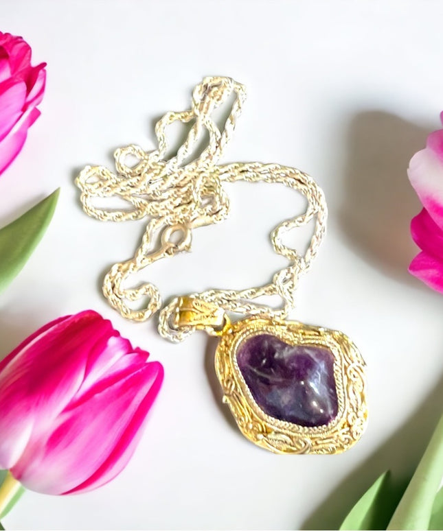 Antique Chinese Export gold wash sterling silver filagree amethyst pendant RARE