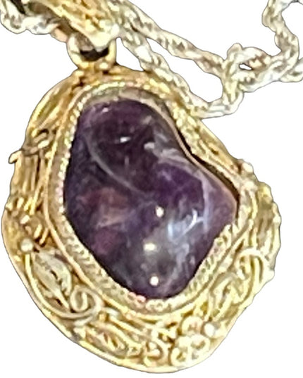 Antique Chinese Export gold wash sterling silver filagree amethyst pendant RARE