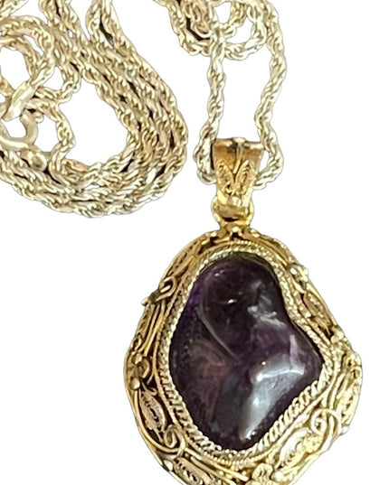 Antique Chinese Export gold wash sterling silver filagree amethyst pendant RARE