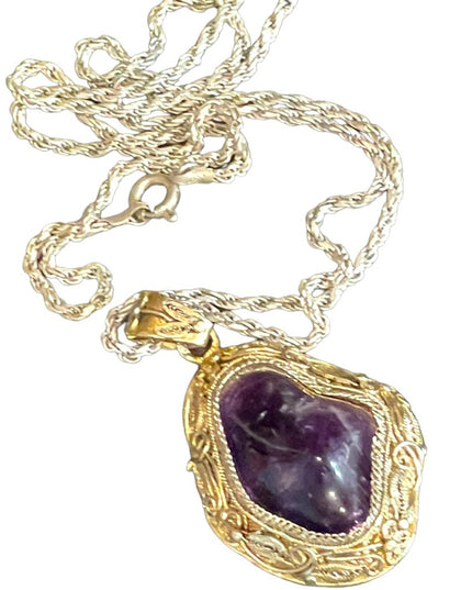 Antique Chinese Export gold wash sterling silver filagree amethyst pendant RARE
