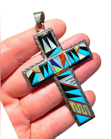 Vintage Zuni Turquoise & Pearl Inlaid Cross pendant Sterling Silver Indigo 925