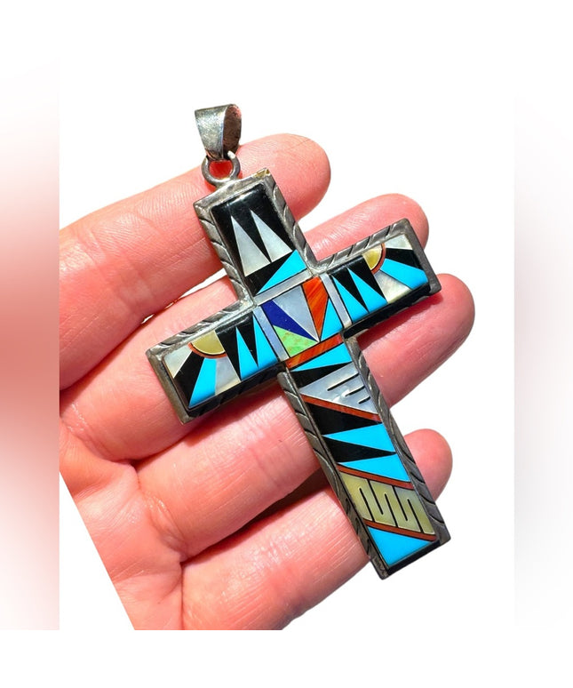 Vintage Zuni Turquoise & Pearl Inlaid Cross pendant Sterling Silver Indigo 925