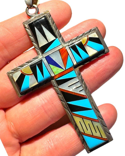 Vintage Zuni Turquoise & Pearl Inlaid Cross pendant Sterling Silver Indigo 925
