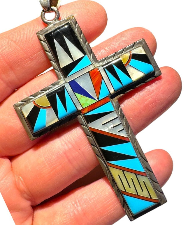Vintage Zuni Turquoise & Pearl Inlaid Cross pendant Sterling Silver Indigo 925