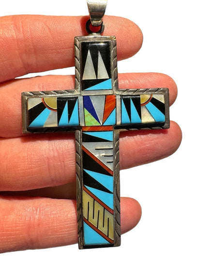 Vintage Zuni Turquoise & Pearl Inlaid Cross pendant Sterling Silver Indigo 925