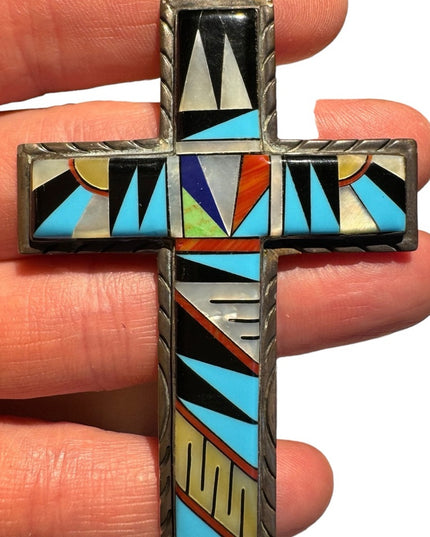 Vintage Zuni Turquoise & Pearl Inlaid Cross pendant Sterling Silver Indigo 925
