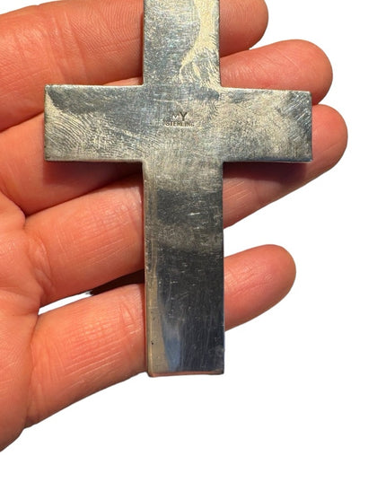 Vintage Zuni Turquoise & Pearl Inlaid Cross pendant Sterling Silver Indigo 925