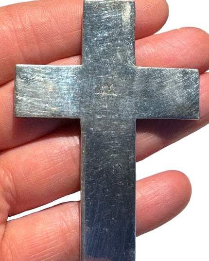 Vintage Zuni Turquoise & Pearl Inlaid Cross pendant Sterling Silver Indigo 925