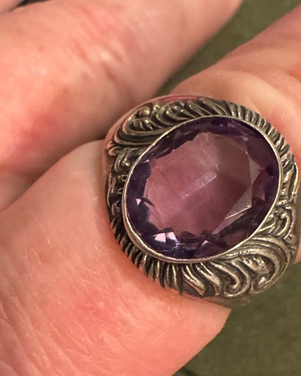 Mens Womens Vintage Handmade Amethyst Fancy Gemstone Sterling Silver 925 Ring