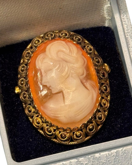 Vintage 1960s Amsel Gold Wash Sterling Silver 925 CameoCarved Shell  Brooch