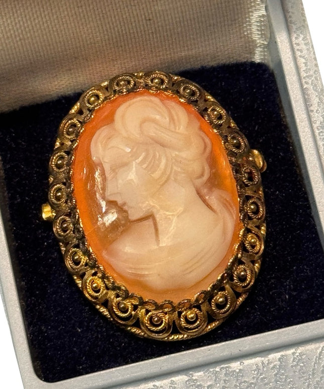 Vintage 1960s Amsel Gold Wash Sterling Silver 925 CameoCarved Shell  Brooch