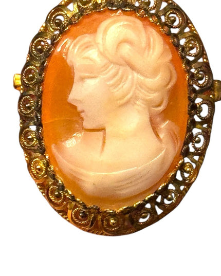 Vintage 1960s Amsel Gold Wash Sterling Silver 925 CameoCarved Shell  Brooch