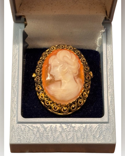 Vintage 1960s Amsel Gold Wash Sterling Silver 925 CameoCarved Shell  Brooch