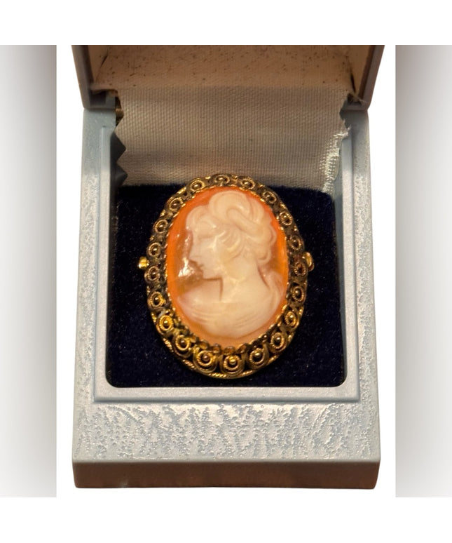 Vintage 1960s Amsel Gold Wash Sterling Silver 925 CameoCarved Shell  Brooch