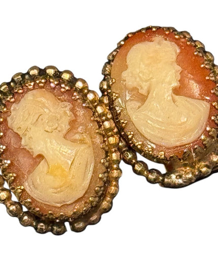 Vintage Carved Shell Cameo Clip on Gold Finish Earrings